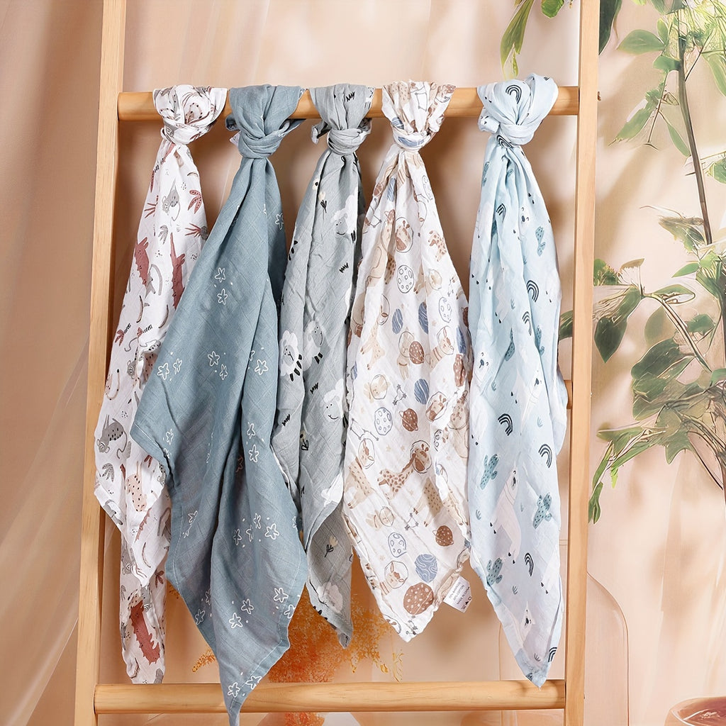 🌈🐻 HappyFlute 5pcs Bamboo Muslin Swaddle & Burp Cloths