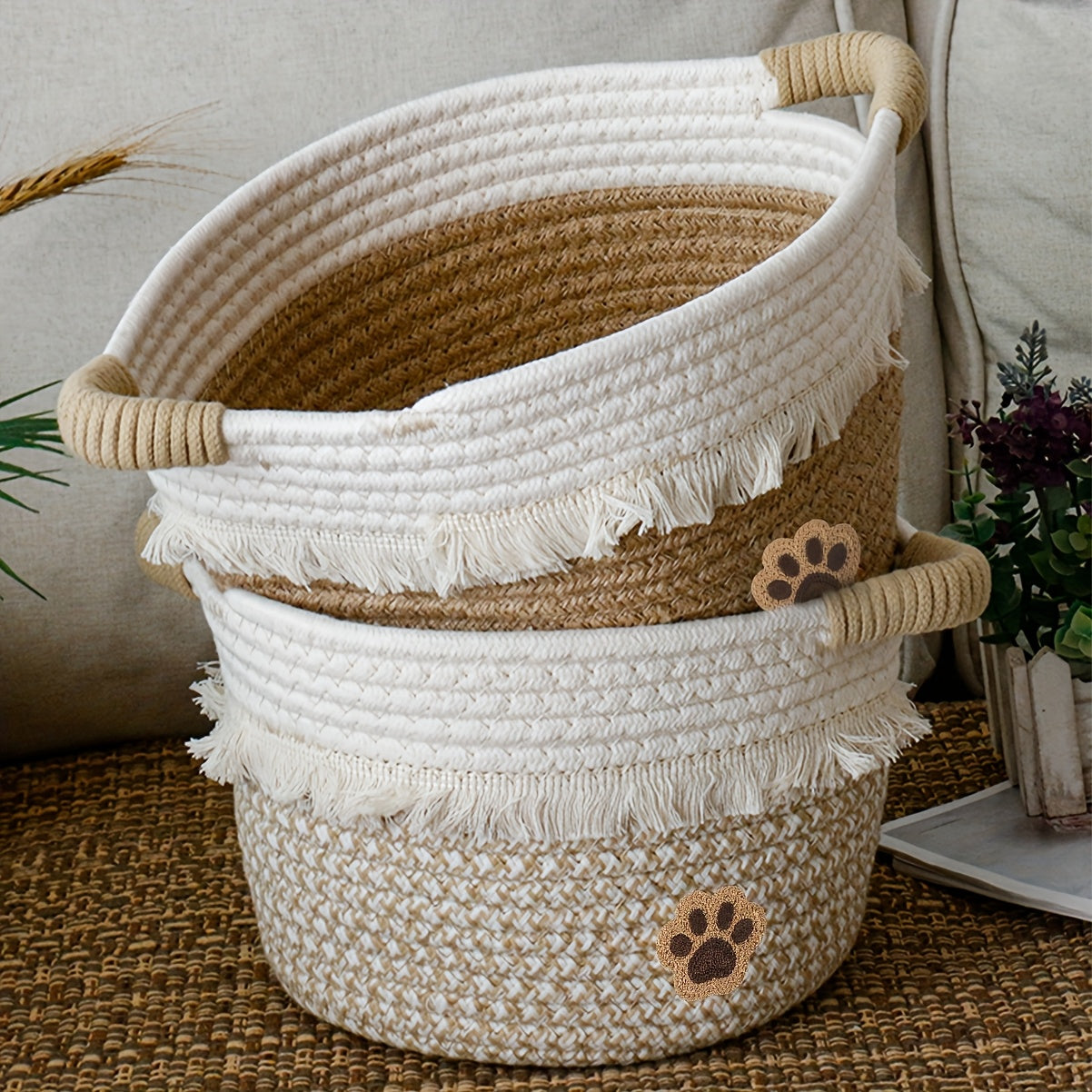 🧺 Boho Chic Woven Rope Storage Basket with Tassels