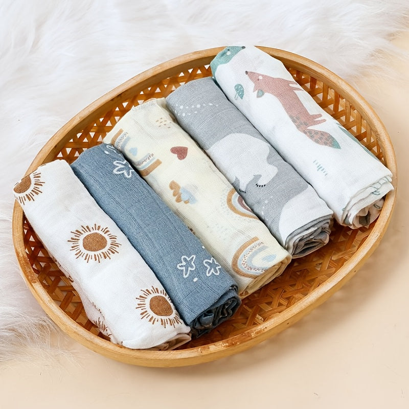 🌈🐻 HappyFlute 5pcs Bamboo Muslin Swaddle & Burp Cloths
