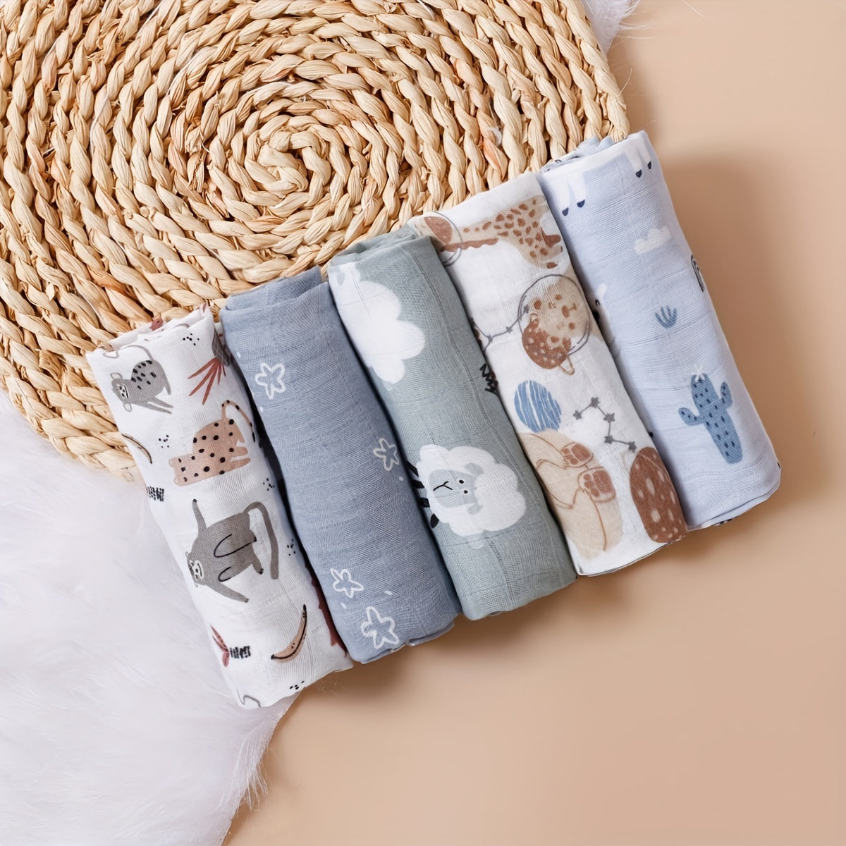 🌈🐻 HappyFlute 5pcs Bamboo Muslin Swaddle & Burp Cloths