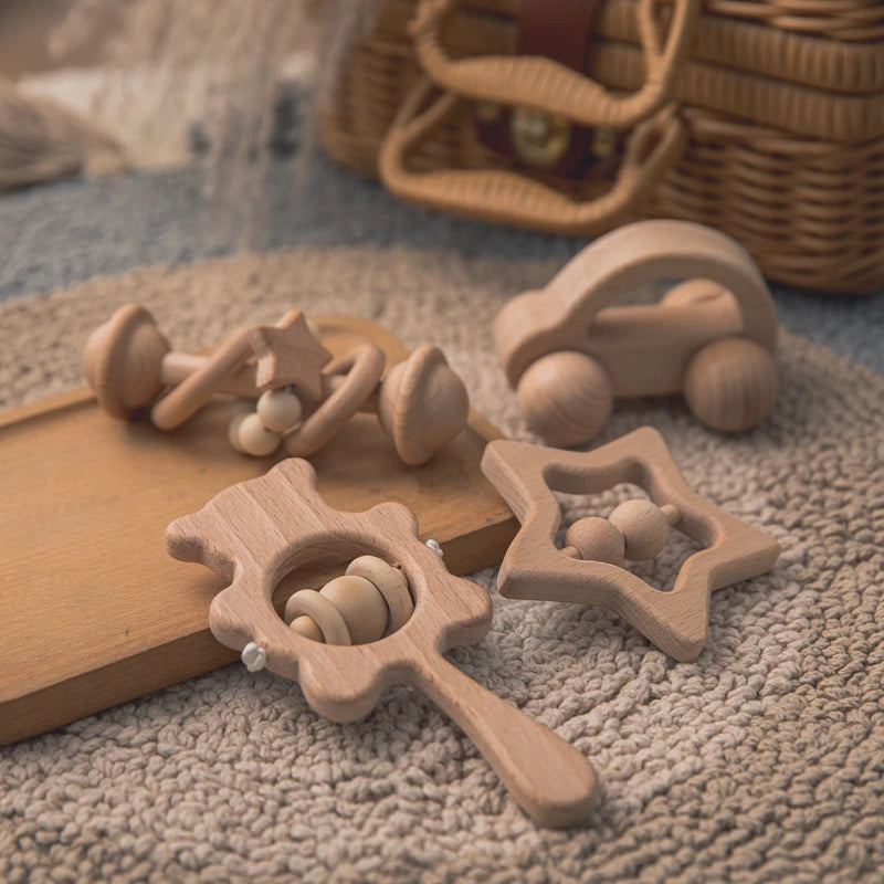 Wooden Rattle — Beech Baby Teether & Musical Toy