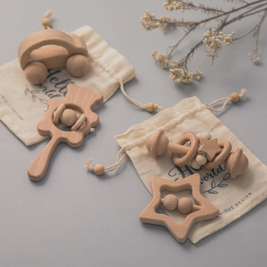 Wooden Rattle — Beech Baby Teether & Musical Toy