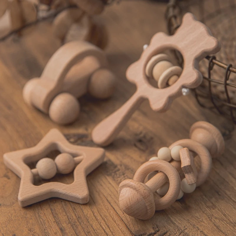 Wooden Rattle — Beech Baby Teether & Musical Toy