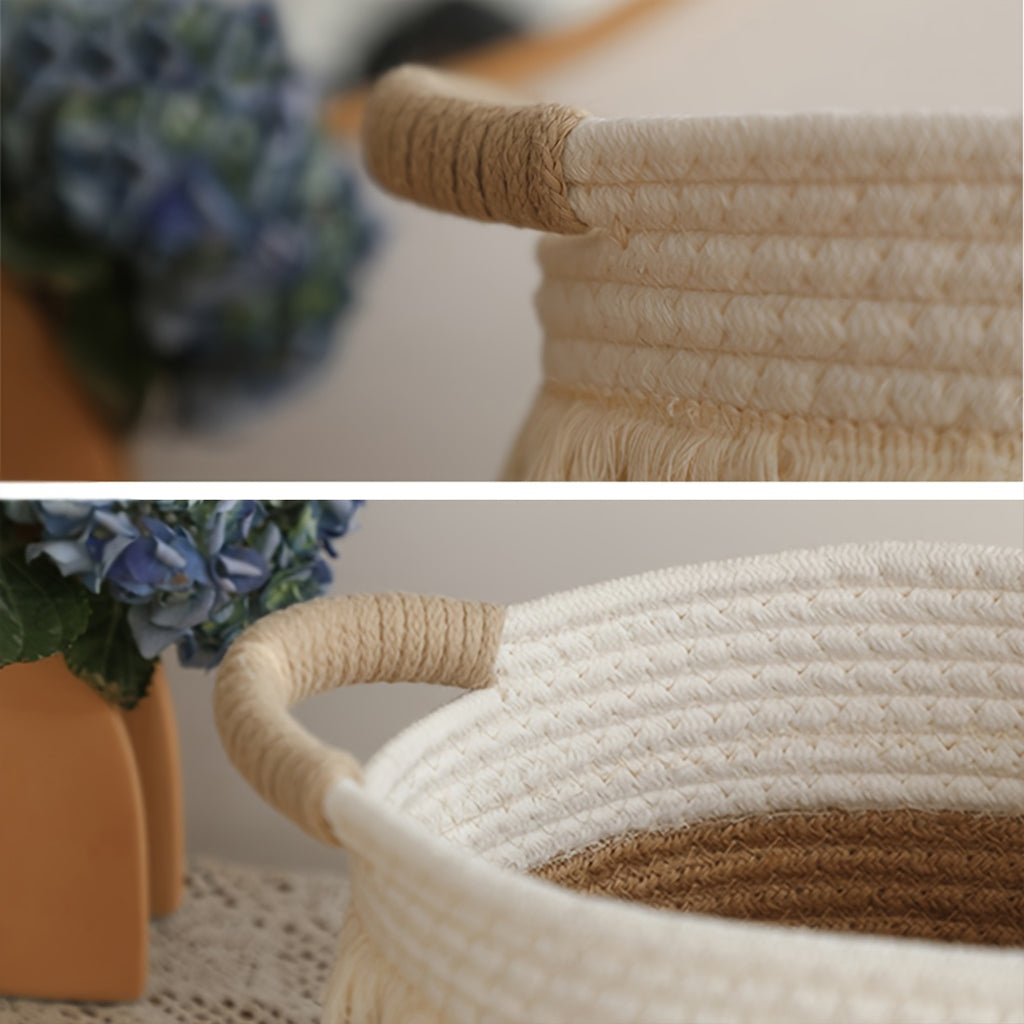 🧺 Boho Chic Woven Rope Storage Basket with Tassels