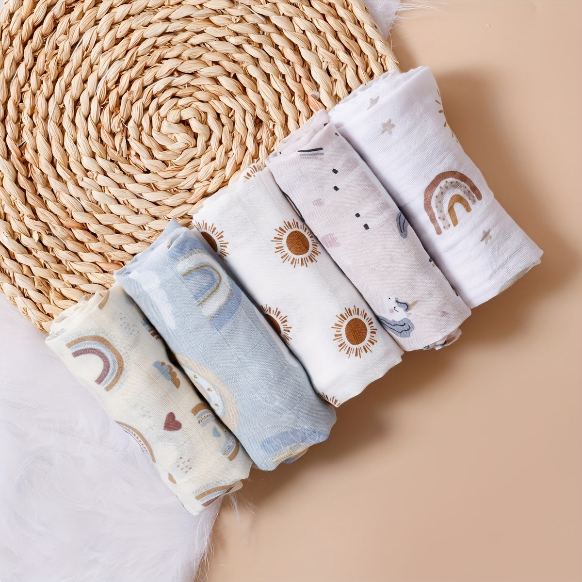 🌈🐻 HappyFlute 5pcs Bamboo Muslin Swaddle & Burp Cloths