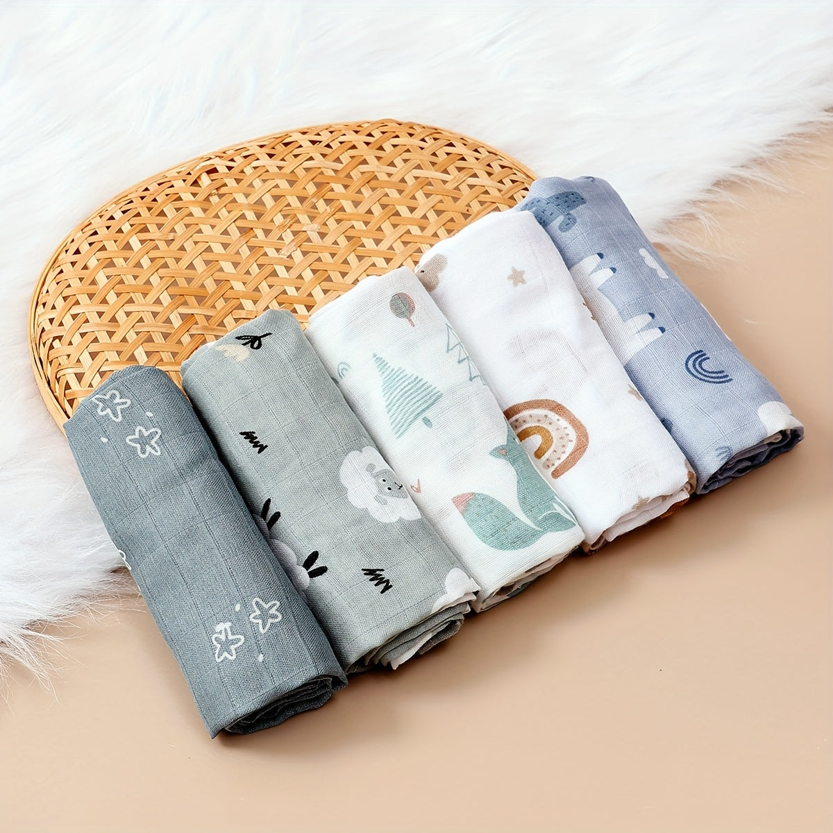 🌈🐻 HappyFlute 5pcs Bamboo Muslin Swaddle & Burp Cloths
