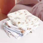 🌈🐻 HappyFlute 5pcs Bamboo Muslin Swaddle & Burp Cloths